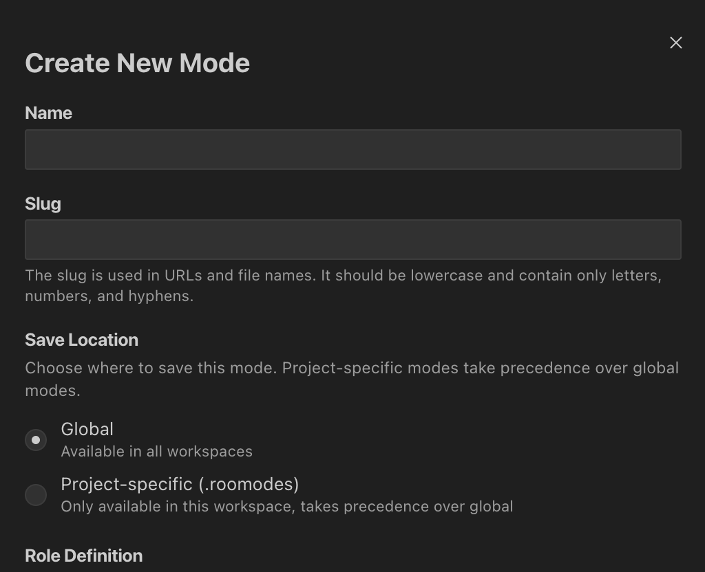 Custom mode creation interface in the Prompts tab